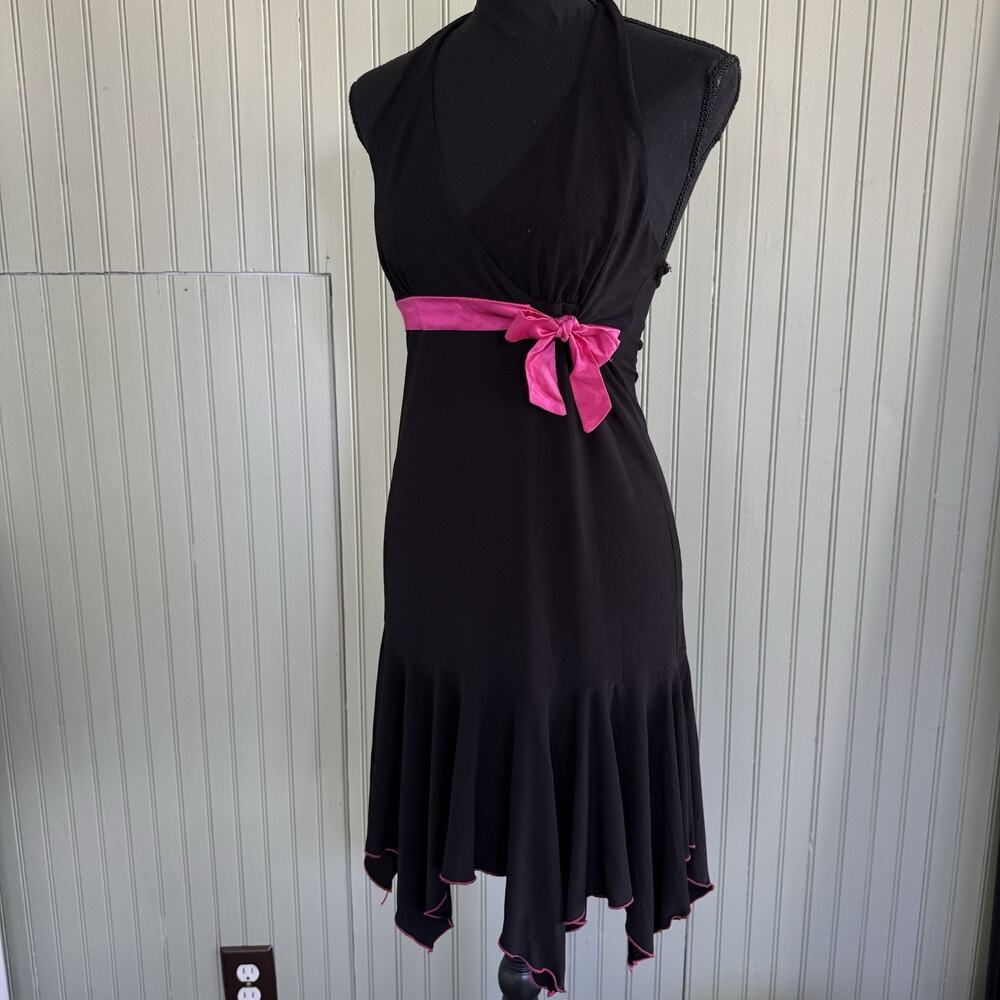 Y2K City Triangle Black Halter Dress Pink Trim Bow Fairycore Asymmetrical Medium